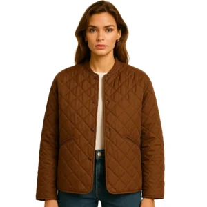 womens-collarless-brown-quilted-jacket